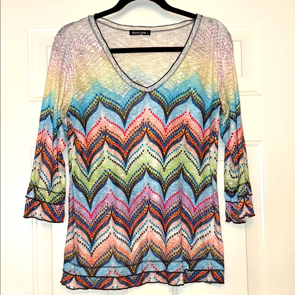 David Cline V-Neck Zig Zag Tunic Top L 3/4 Sleeve Colorful Chevron Lightweight